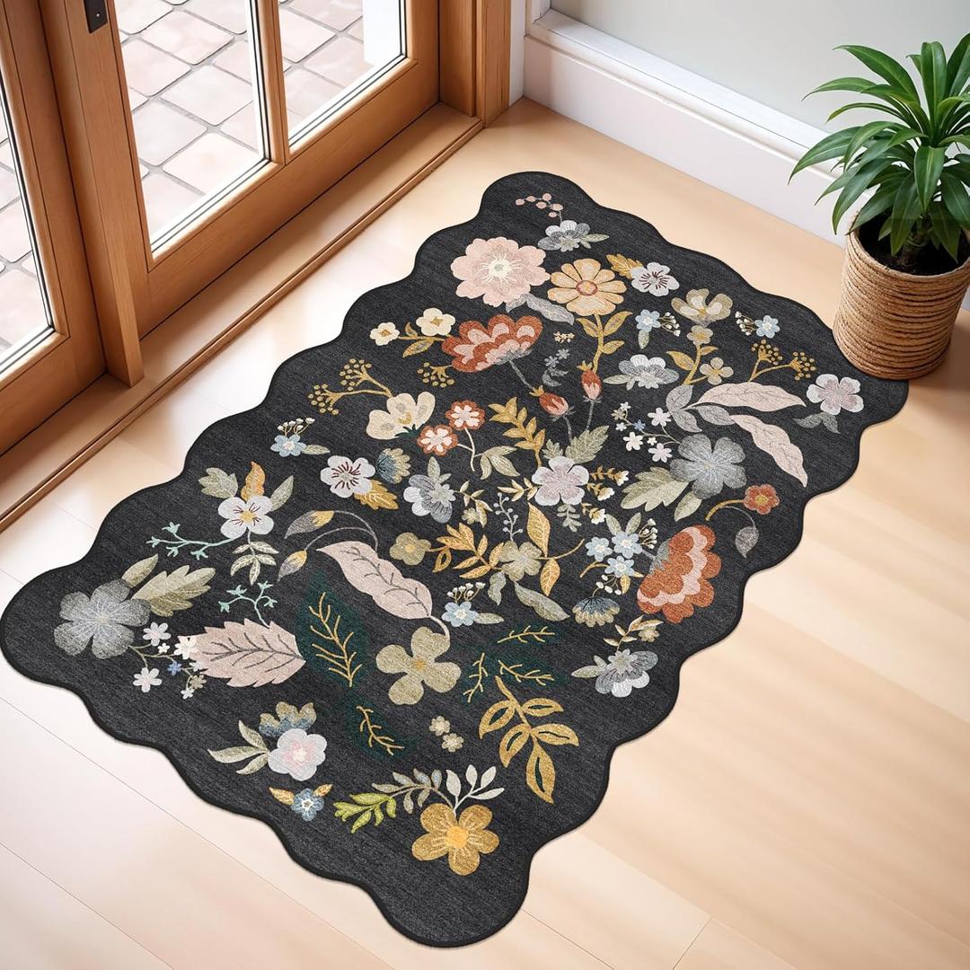 2x3 Rug Scalloped Runner for Entryway: Washable Non Slip Floral Bathroom Area Rug for Kitchen Floor Laundry Room - Small Soft Low-Pile Ultra Thin Throw Door Mat for Boho Chic Decor2x3Black