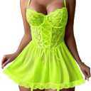 Lilosy Sexy Garter Belt Mesh Lace Babydoll Lingerie Dress Set with Thong (XX-Large, Neon Green)