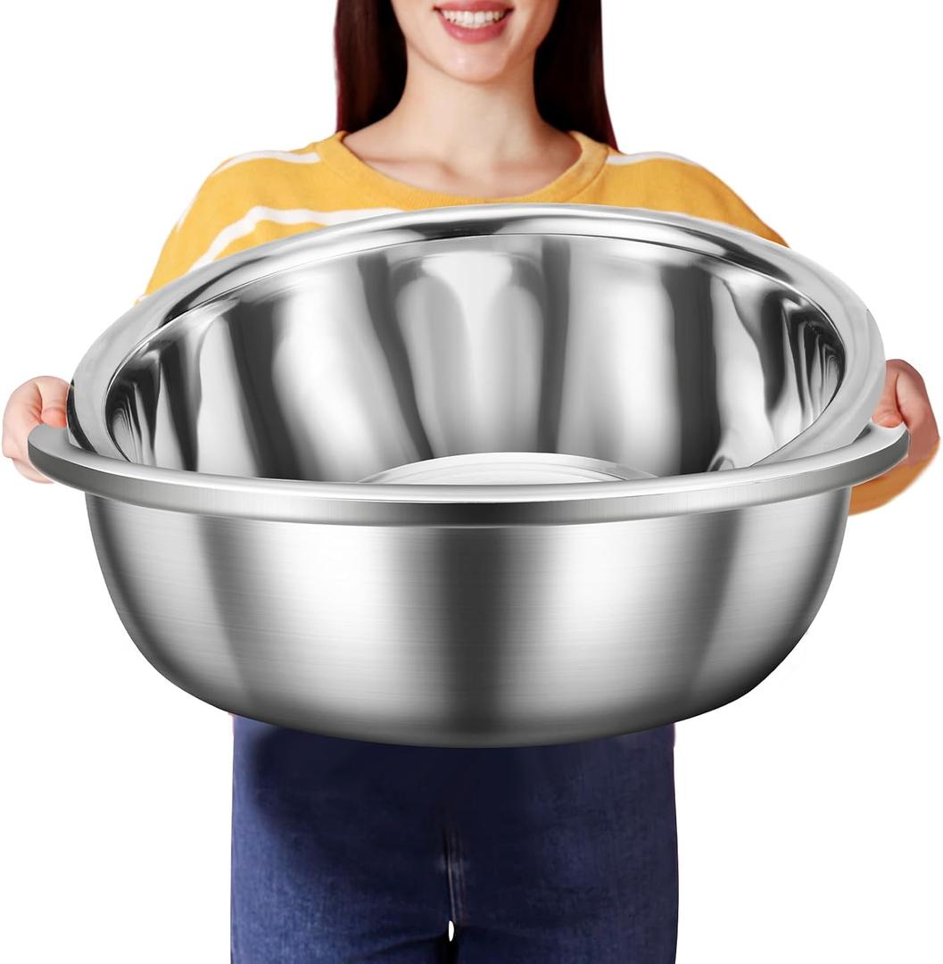 2 Pack Large Mixing Bowl Oversized All Purpose 304 Stainless Steel Polished Mirror Flat Base Metal Bowl for Home or Commercial Prepping Baking Mixing Marinating(16 Qt)