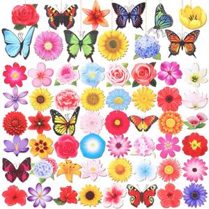 Colingmill 60 Pcs Spring Ornaments for Tree 3.15'' Wooden Flower Butterfly Sunflower Ornaments Spring Summer Wood Hanging Tree Decoration for Birthday Wedding Baby Shower Party Decoration