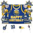 Allenjoy Blue and Gold Basketball Team Birthday Party Supplies Sets - 1pc 59" x 35" Backdrop, 2pcs Paper Headwear, 8pcs Photo Booth Props
