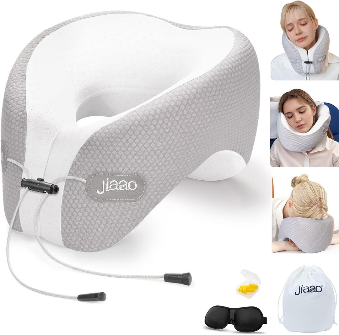 Neck Pillow Airplane, 2025 Upgraded Memory Foam Travel Pillow, Travel Essentials with 3D Eye Masks, Earplugs and Portable Drawstring Bag, Airplane Pillow for Travel, Home, Office, and Gaming (Grey White)