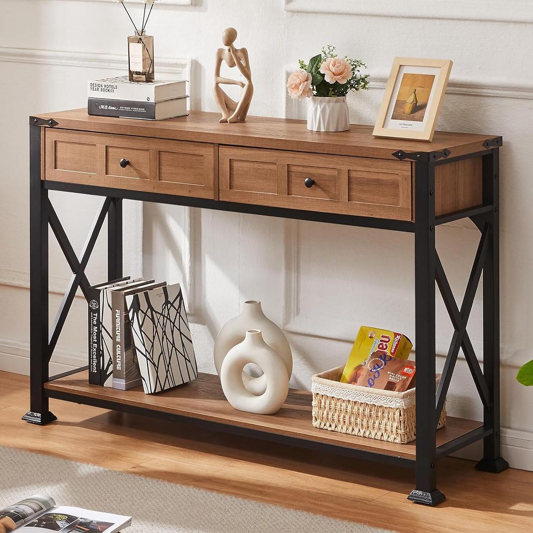 HOMBAZAAR Entryway Table, Rustic Console Table with 2 Drawers, Industrial Console Tables with Storage for Entryway, Hallway, Living Room, Brown, 47 Inch
