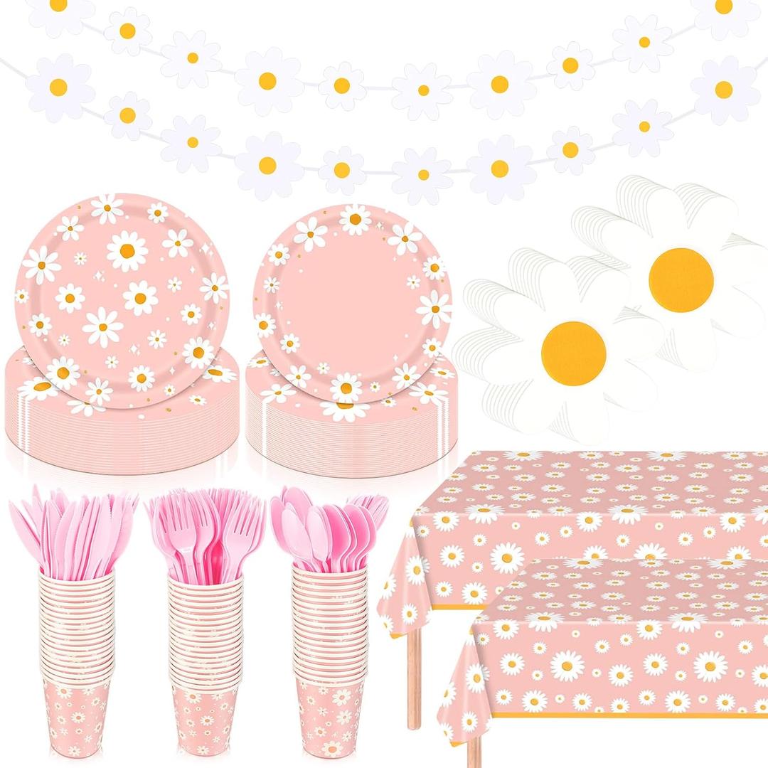 Domensi 214 Pcs Daisy Birthday Party Decorations Set Includes Pink Groovy Daisy Paper Plates and Napkins, Cups, Cutlery, Tablecloths, Banner for Girl Boho Hippie Party Baby Shower Supplies, Serves 30