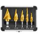 Step Drill Bits, 5PCS Spiral Grooved HSS Titanium Step Drill Bit Set, 50 Sizes High Speed Steel Step Bits for Metal with Aluminum Case