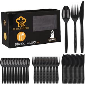Kochorie 360 Pieces Black Plastic Cutlery Set Disposable Plastic Utensils Heavy Duty Flatware Set Includes 120 Knives 120 Forks 120 Spoons for Party Birthday