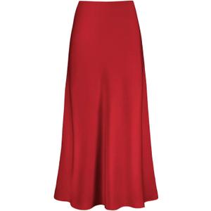 Outoshe Women's Satin High Waisted Maxi Skirts Hidden Elasticized Waistband A Line Long Skirt Red (Red, S)