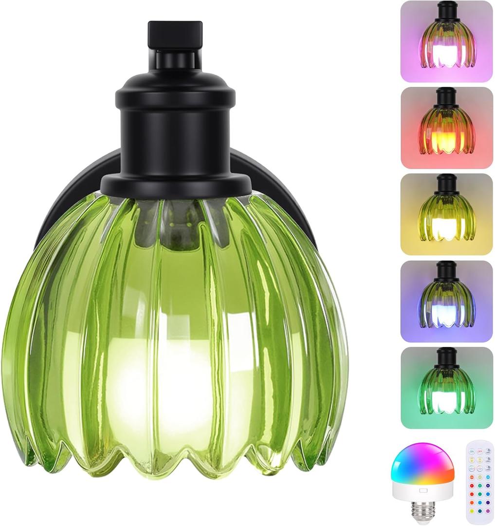 VerRon Rechargeable Battery Operated Wall Sconce with Green Glass Lampshade, Wireless Wall Scone Decor with Remote Control, 15 Colors Black Wall Light for Bedside Hallway Bedroom Doorway