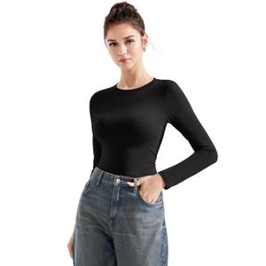 SUUKSESS Women Crew Neck Fitted T Shirts Cotton Jersey Basic Long Sleeve Crop Tops (Black, XL) (Black, XL)