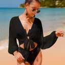 Women's Swimwear Cover Ups Tops Tunic Self-tie Swimsuit Bikini Bathing Suit Long Sleeve Soft Beach Shirt for Women (M)
