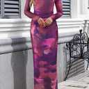 MEROKEETY Women's Spring Wedding Guest Dress 2026 Long Sleeve Bodycon Floral Mesh Fall Cocktail Holiday Party Maxi Dresses (Purple, M)