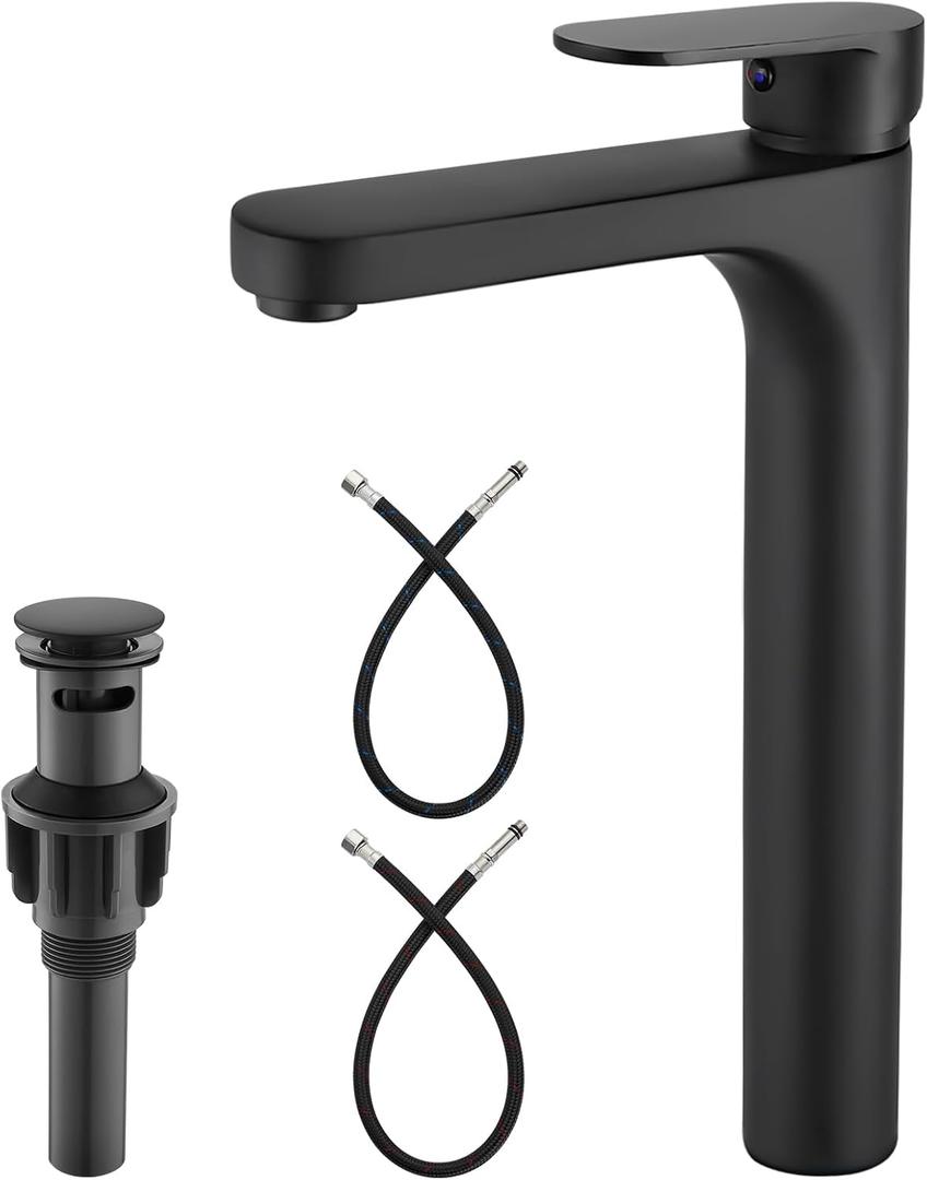 Heyalan Vessel Sink Bathroom Tall Faucet One Hole Single Handle Basin Mixer Tap Lavatory Vanity Brass Pop Up Drain Included Deck Mount Modern Tall Bathroom Faucet,Matte Black
