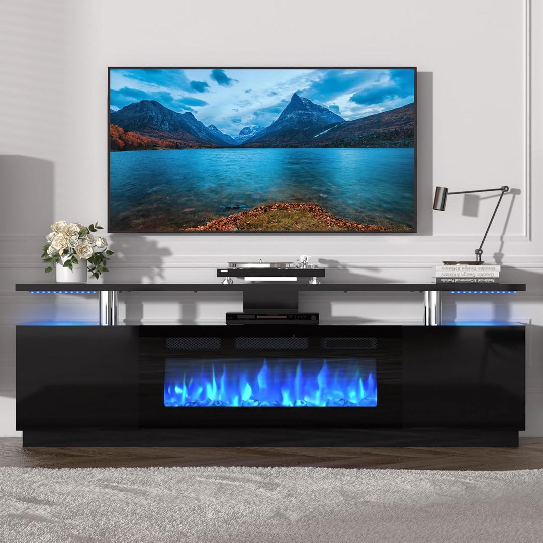 Garvee 70 Inch Fireplace TV Stand with 36 Inch Electric Fireplace, 12-Color LED Lights, 750W/1500W Heating, Two-Tier Storage, 2 Door Cabinet, Fits Up to 80 Inch TV, Living Room