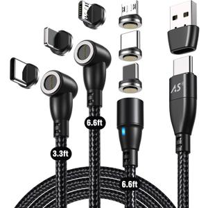A.S 9 PIN Magnetic Charging Cable PD 60W [3 Pack,3ft/6ft/6ft] - Type C Magnetic Charger Fast Charging - Magnet Phone Charger Cord - Nylon-Braided Data Syns for USB C/Micro USB/i-Product