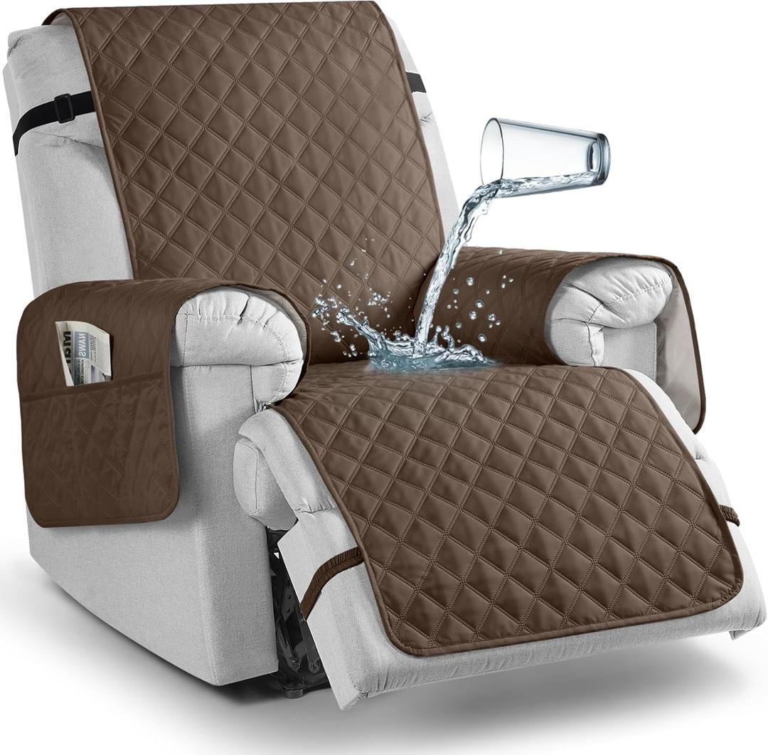 TAOCOCO 100% Waterproof Recliner Chair Covers, Reversible Recliner Covers with Leg Straps, Washable Recliner Sofa Covers for Larger Recliner Furniture Dog Protector with Pocket (Brown, 28'')