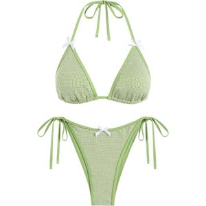 ZAFUL Bikini Sets for Women Halter Bow Decor Tiny Floral Gingham Print Swimsuit Tie Side 2 Pieces Bathing Suit (Green, XS)
