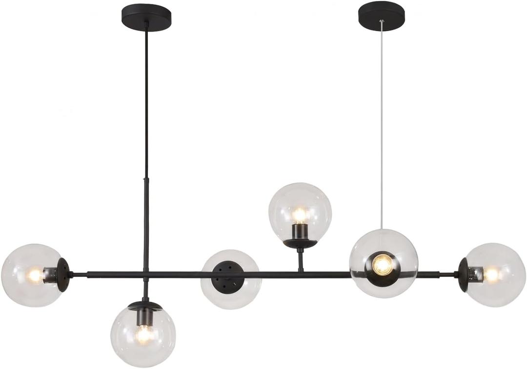 KCO Lighting 6-Light Clear Glass Globe Pendant Light Mid Century Modern Rectangular Sputnik Chandelier Vintage Black Linear Kitchen Island Pendant Lighting Dining Room (Black+Clear)