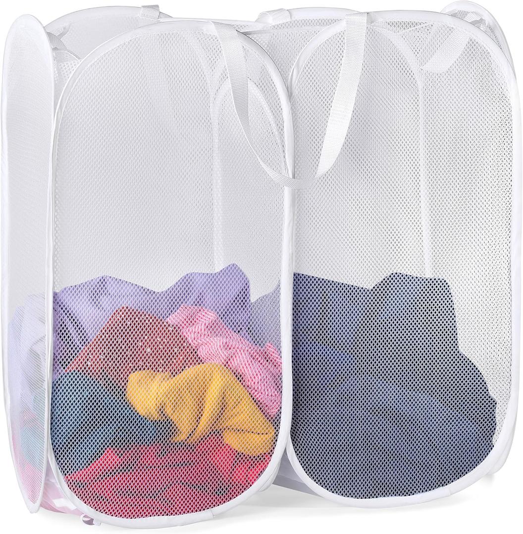 Handy Laundry Mesh Popup Hamper - Two Compartments, Collapsible for Storage and Easy to Open. Folding Pop-Up Clothes are Great for The Kids Room, College Dorm or Travel. (White)