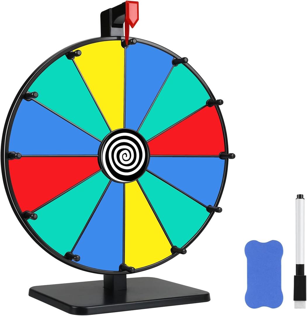 12 Inch 12 Slots Prize Wheel Tabletop Fortune Spin with Dry Erase Marker and Eraser for Engaging Home Parties, Trade Show, Carnival Events (12'' 12slots)