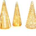 Table Top Christmas Tree Decorations with Fairy Lights,Gold Mercury Glass Finish, Holiday Table Centerpiece and Mantle Decor Set of 3 Assorted Trees