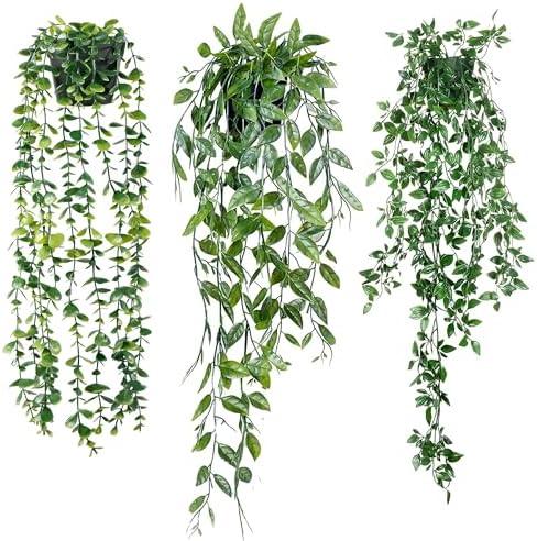 Sggvecsy Fake Hanging Plants 2 Pack Artificial Eucalyptus Fake Potted Greenery Faux Eucalyptus Mandala Vine Pea Pod for Home Indoor Outdoor Wall Garden Wedding Decor