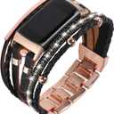Leather Bands Compatible with Fitbit Charge 6/Charge 5 Bands for Women, Boho Handmade Multilayer Wrap Bracelets Jewelry Strap Replacement for Charge 6/Charge 5 Fitness Tracker (Black/Rose Gold)