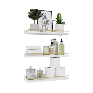 WOPITUES Floating Shelves with Gold Metal Guardrail, Shelves for Wall Decor Set of 3, Wall Shelves for Bedroom, Bathroom, Kitchen, Living Room, Plants, Picture Frames, Art- White and Gold