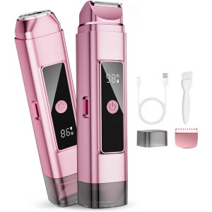 Electric Bikini Trimmer for Women: Razor & Shaver with Dual Heads for Body Pubic Hair, IPX7 Waterproof with LED Display - Rechargeable Lady Trimmer for Underarm Body Leg Face-Coral Pink