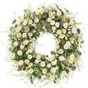 Sggvecsy White Daisy Wreath 24 Inch with Fake Silk Floral Green Eucalyptus Leaves and Lavender for Spring Summer Front Door Window Wall Wedding Farmhouse Festival Decor