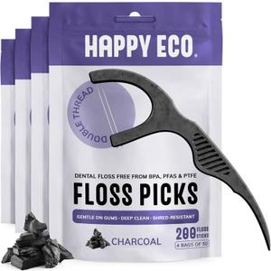 Dental Floss Picks for Teeth (200ct) - Double Thread Tooth Picks Flossers for Adults, Toothpicks Floss, Vegan Corn-Straw Handle, Shred-Resistant String for Interdental Oral Care & Gum Health, Charcoal (50 Count (Pack of 4))