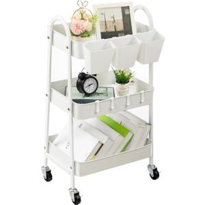 danpinera 3-Tier Rolling Cart, Utility Cart Mobile Metal Rolling Storage Cart with Lockable Wheels & Hanging Cups & Hooks for Kitchen, Bathroom, Office, Workshop, White