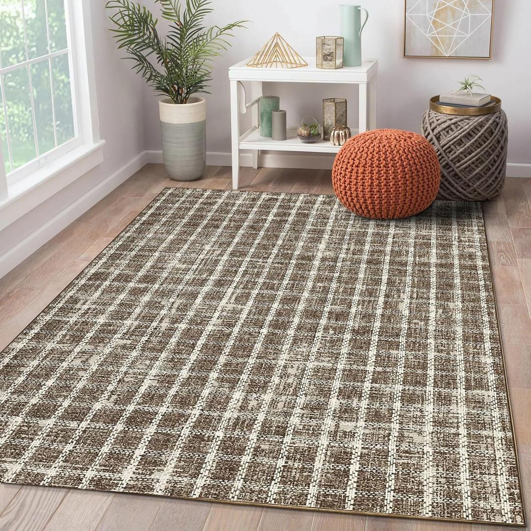 Checkered Area Rugs, Soft Low-Pile Geometric Carpet, Non-Slip Washable Retro Carpet for Bedroom Living Room Kitchen Farmhouse Entryway Hallway Indoor Decor (3' x 5' (Rectangular), Brown)