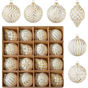 16Pcs Vintage Rustic Christmas Ball Ornaments - Large Shatterproof Neutral Christmas Ornaments Set Farmhouse Christmas Decor for Xmas Tree Home Party Holiday (Gold)