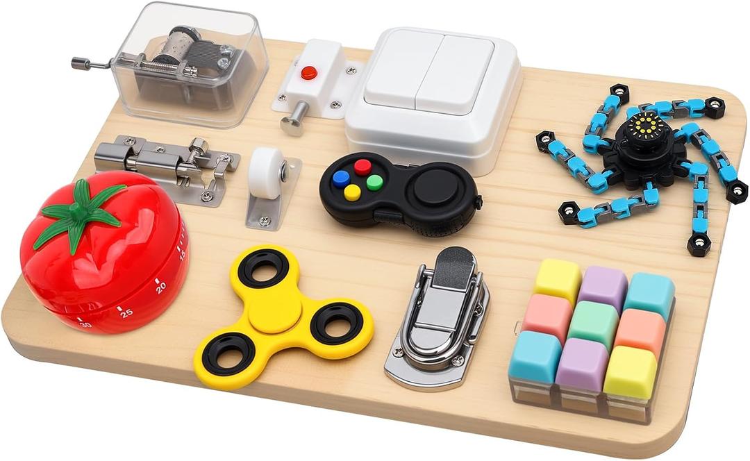 Umnodobn Wooden Montessori Busy Board, Sensory Activity Toy for Toddlers Kids, Fine Motor Skills Development Plaything, Portable Travel Fidget Board for Boys Girls, Educational Focus & Thoughtful