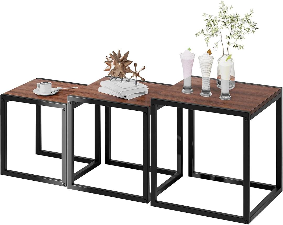 Nesting Coffee Table Set of 3, Stacking Metal Side Tables, Walnut, 17.72" W x 17.72" D x 19.69" H