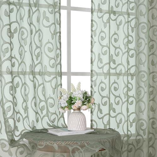 OWENIE Furman Sheer Sage Green Curtains 90 inches Long for Bedroom Living Room 2 Panels Set, Light Filtering Soft Semi Sheer Jacquard Clip Farmhouse Curtains Rod Pocket Design, Each 52Wx90L inch