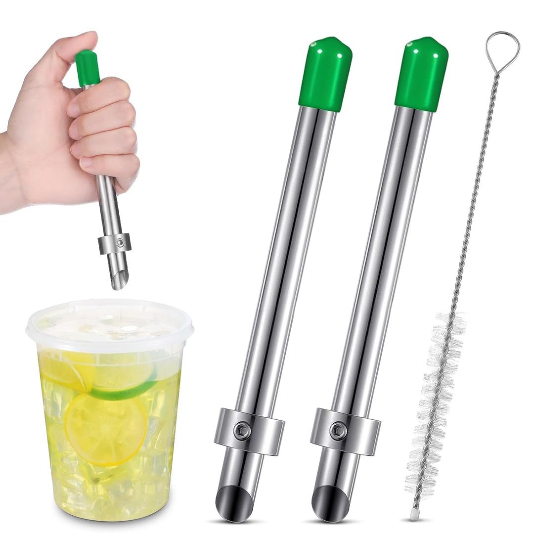 Lasnten 2 Pack Straw Puncher for Plastic Lids Lemonade Cups, Stainless Steel Straw Hole Puncher Punching Tools for Cafe Drinks Deli Container Squeezed Fresh Lemonade Stand Supplies (6.3 Inch, Green)