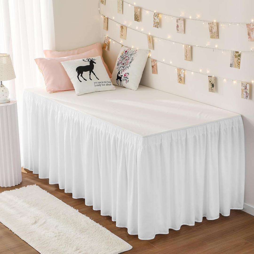 RIMELA Dorm Bed Skirt Twin XL 32 Inch Drop, Easy to Install Extra Long Wrap Around Elastic Dust Ruffle, White Bedskirt Solid Silky Fabric Machine Washable, Bedroom Decor