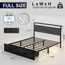 Full Bed Frame with 2 Drawers, Platform Bed Frame with LED Lights and Charging Station, Upholstered Headboard, Heavy Duty Metal Slats, No Box Spring Needed, Noise Free, Easy Assembly