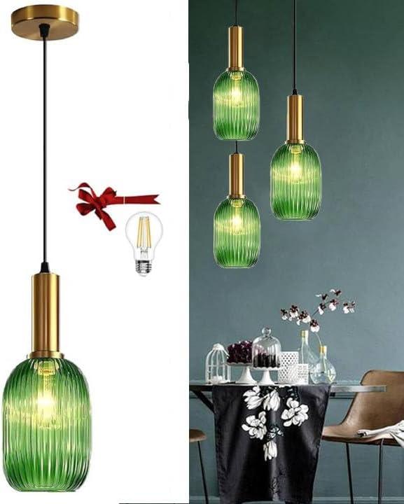 Green Glass Pendant Lights Kitchen Island Lighting Vintage Pendant Light Fixtures for Kitchen Island Bedroom Living Room Hallway(4000K A60 LED Bulb, 2-Pack) (1PCS)