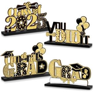 4 Pieces 2025 Graduation Party Decorations Wooden Class of 2025 Table Centerpieces Grad Congratulate Table Toppers for High School College Graduation Party Favor Supplies Photo Booth Props(Black Gold)