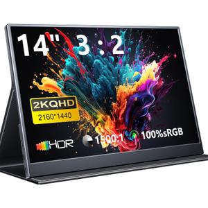Portable Monitor 14 inch 2160 * 1440P IPS Laptop Monitor, Dual USB C HDMI Second Computer Screen, Gaming Display with 2 Speakers, Travel Monitor for Laptop PS4/5 PC Phone Xbox Switch