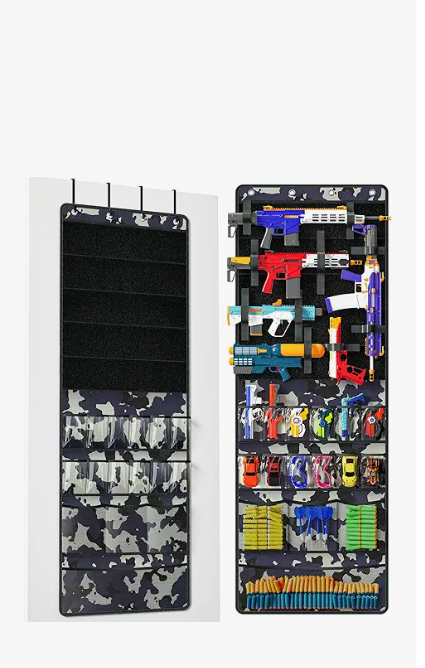 Merjrod Over the Door Organizer for Toy Guns,Toy Gun Storage and gun accessories, Toys Storage Door Hanger with Pockets and Slots for Kids Rooms, Game Rooms (Black)