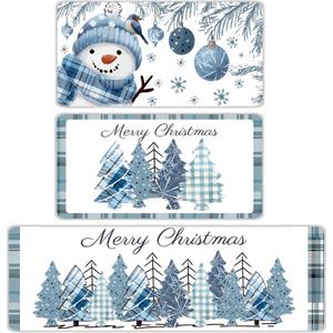 Dunzy 3 Pcs Winter Snowman Snowflake Christmas Kitchen Rugs and Mats Set Kitchen Floor Mats Seasonal Decor Anti Slip Xmas Tree Buffalo Plaid Cushion Case Bathroom Rug for Indoor Holiday Decoration