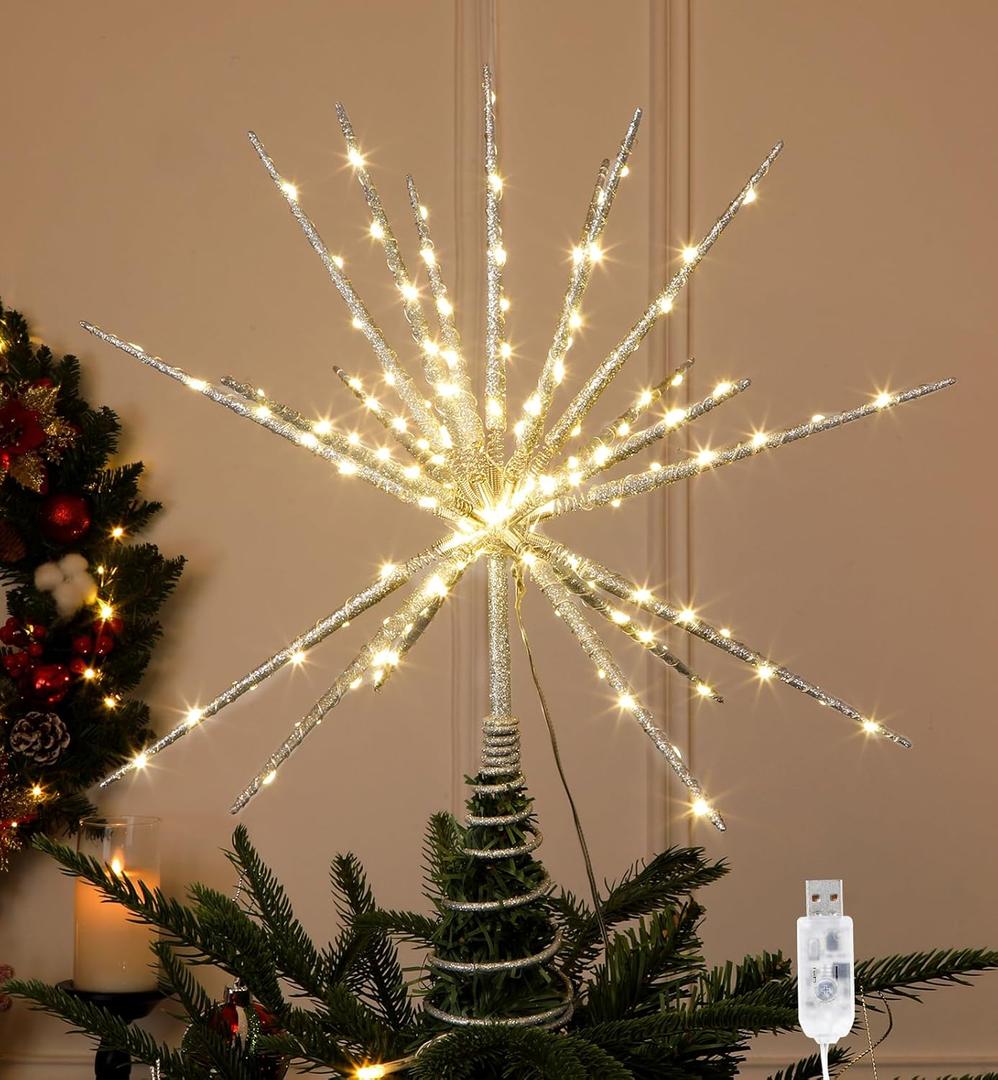 15 Inch Christmas Tree Star Topper with 150 LED Timer Lights & Remote, 19-Point USB Powered Lighted Silver Starburst Star Tree Topper for Indoor Holiday Party Xmas Tree Decor, Silver