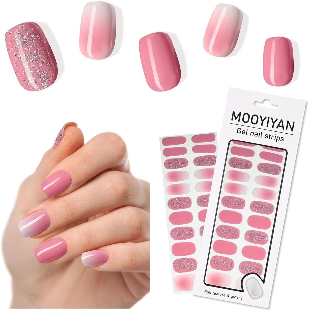 9 x MOOYIYAN Gloss Nail Strips|Uv Free|22 Pcs,Gel Nail Stickers|Long Lasting Two Weeks and Easy to Apply&Remove|Dazzle Pink