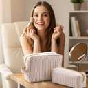 Sanwuta 2 Pcs Makeup Bag Set Seersucker Cosmetic Bag for Women Gifts Mother Girls Cute Stripe Trendy Cosmetic Bags Travel Toiletry Organizer Aesthetic Preppy Storage Pouch for Bridesmaid(Brown)