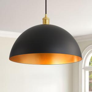 17.7" Large Industrial Pendant lamp, Vintage Pendant Light,Black and Gold Finish Dome Pendant Lighting Fixture (Eu6169)