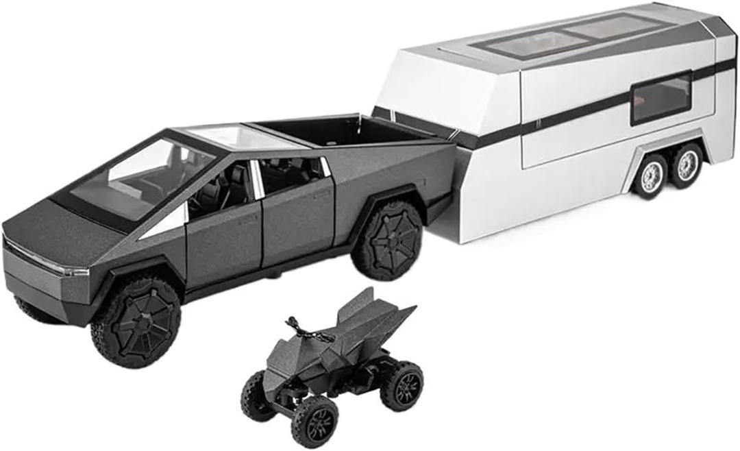 1 24 for Tesla Cyber Truck Pickup Trailer Alloy Car Model Diecast Camper Van Touring Car Model Collectibles Non-Remote App Controlled Toys(Black)