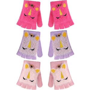 Fourluoo 3 Pairs Kids Unicorn Flip Gloves with Cover Winter Girls Fingerless Gloves Convertible Mittens